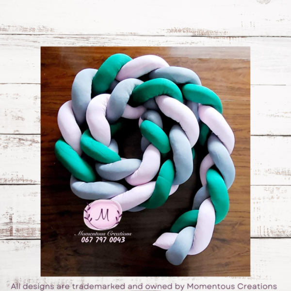 Emerald green - gray - pink braided cot bumper