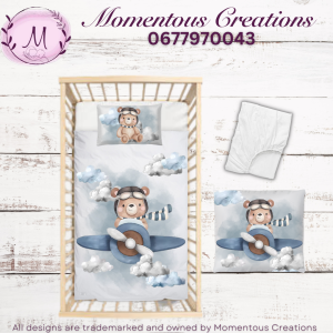 Blue grey teddy bear plane duvet set