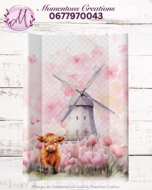 Pink farmhouse with highland cow change mat cover
