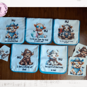 Blue Highland cow burp cloth combo